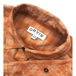 Orvis Button Shirt Mens M Orange Plaid Vented Lightweight Hiking Camp Fish‎ Tech